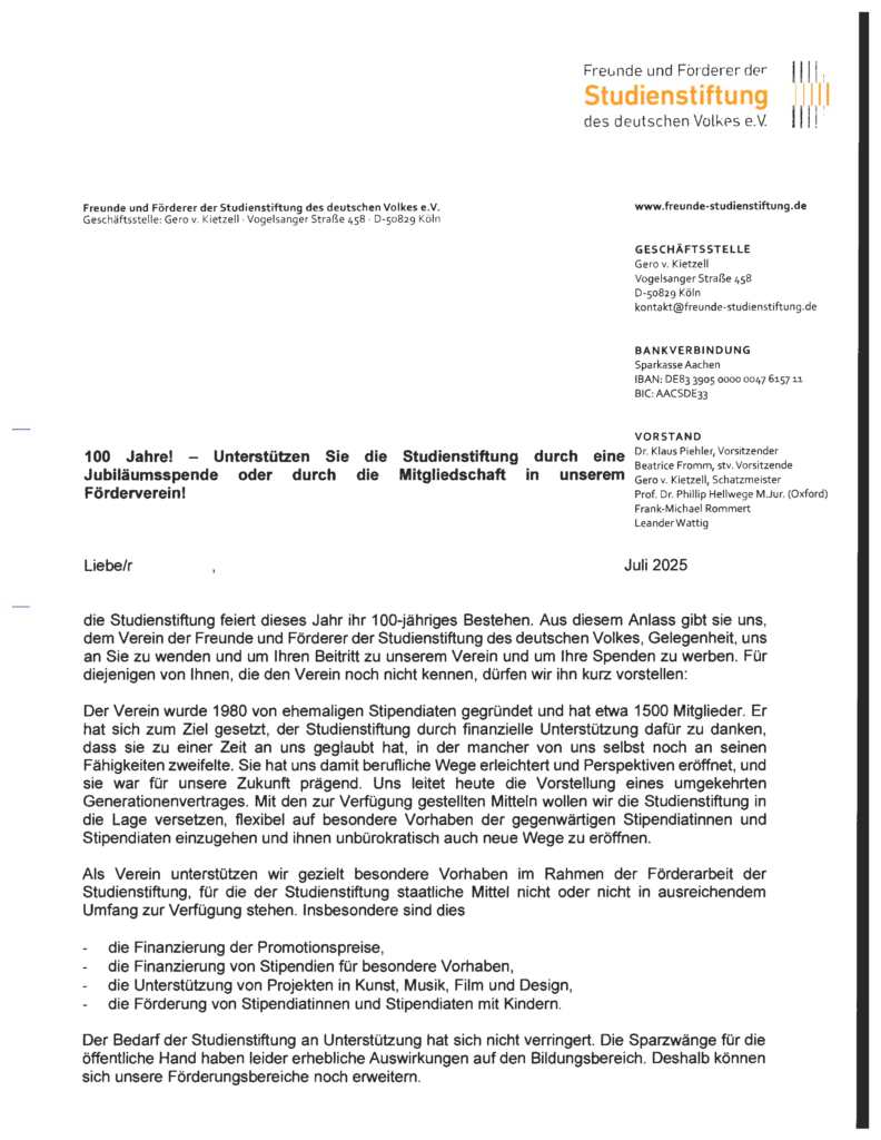 100 Jahre! Unterstützen Sie die Studienstiftung durch eine Jubiläumsspende oder durch die Mitgliedschaft in unserem Förderverein